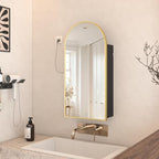 Gold Bathroom Medicine Cabinet with Mirror,Arched Bathroom Cabinet with Outlets,Vanity Mirror with Storage,Wall Mounted Medicine Cabinet with Adjustable Shelves,2 Power Outlets,16X32 Inch