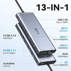 USB C Laptop Docking Station Dual Monitor HDMI for Dell/HP/Lenovo Laptop Type C Hub Multiport Adapter Dongle Dock,USB C to 2 HDMI+DisplayPort DP+Ethernet+100W USB C Power Charge Port+5USB+SD/TF+Audio