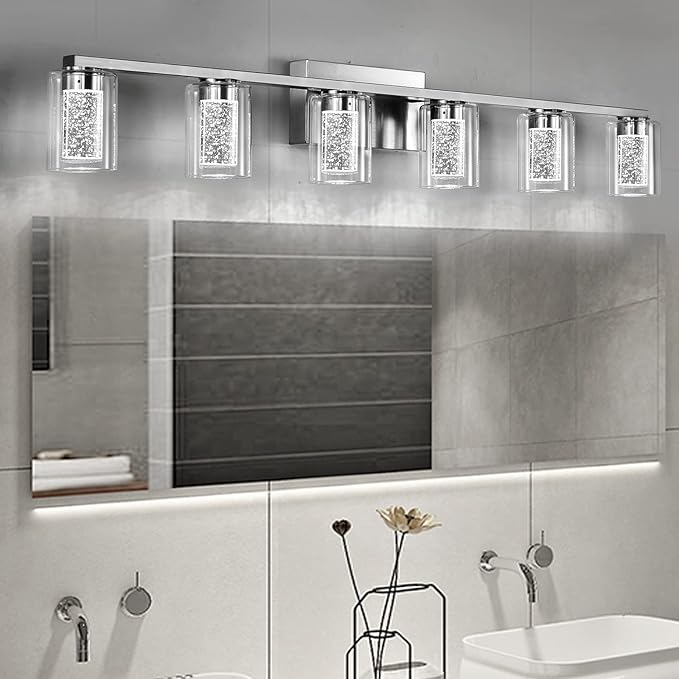 SADENICEL 6 Light Brushed Nickel Bathroom Light Fixtures, LED Vanity Lights Crystal White/Neutral/Warm Bathroom Lights Over Mirror for Bathroom, Bedroom,Living Room (6 Light)