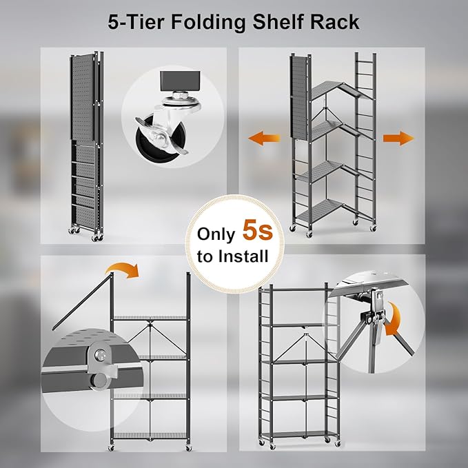 Himix Storage Shelves with 20 Hooks, 5-Tier Foldable Shelves for Storage, Folding Shelf Unit Pantry Shelves Bookshelf with Wheels, Vendor Display Racks for Craft Shows, Home, Grey - No Assembly