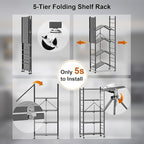 Himix Storage Shelves with 20 Hooks, 5-Tier Foldable Shelves for Storage, Folding Shelf Unit Pantry Shelves Bookshelf with Wheels, Vendor Display Racks for Craft Shows, Home, Grey - No Assembly