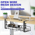 Under Desk Cable Management Tray, 31.5'' No Drill Steel Cable Tray Organizers, Wire Management Tray Cable Rack with Clamp Mount, Metal Under Desk Tray with Wire and Cord Organizer (Black, 2 Pack)