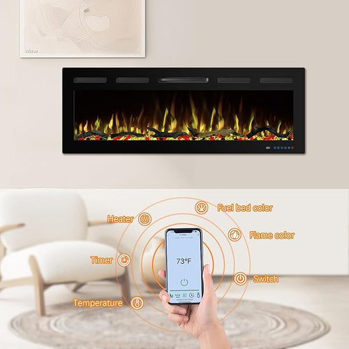 72" WiFi Electric Fireplace, Recessed and Wall Mounted Fireplace Heater, 13 Flame & Fuel Bed Colors, 5 Brightness, Thermostat, Timer, App and Remote Control, 750/1500W