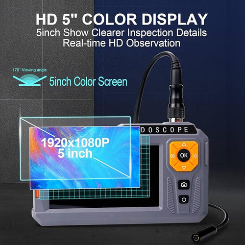 5‘’ Dual Lens Endoscope Camera with Light, 1080P Borescope Inspection Camera with Photo & Video, 7.9mm IP67 Waterproof Sewer with 7 LED Lights,16.5FT Semi-Rigid Cable, Built-in 32G Card