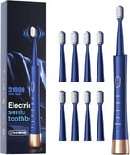 AJELU IPX7 Waterproof Sonicare Electric Toothbrush, 2-Hour Fast Charge with Intelligent Time Reminder, 5 Modes, 8 Brush Heads, Travel, Indoor, Outdoor, Blue