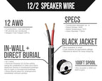 Voltive 12/2 Speaker Wire, in-Wall CL3 & Direct Burial, Black, 100ft - 12AWG, 2 Conductors, Stranded Oxygen-Free Copper, UL Listed - V-1206-1