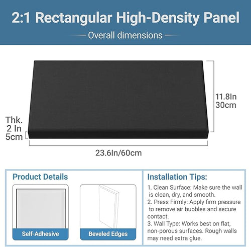 4 Pack High-Density Core with Fabric Cover Acoustic Panels – 24×12×2 In Self-Adhesive Soundproofing and Sound-Absorbing Wall Panels for Echo Reduction in Studio, Theater, or Recording (Midnight Black)