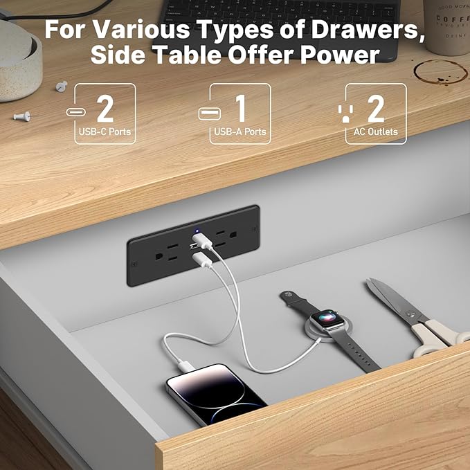 CCCEI Recessed Power Strip with Outlet and USB C Ports, Furniture Flush Mount Power Strip, Small Desk Hidden Outlet for Conference Table, Nightstand, Black, 6FT.