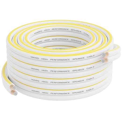 Mygatti Speaker Wire 50 FT, 16/2 Gauge Audio Speaker Wire, for Car Speakers Stereo, Home Theater, Automotive Wire, White Jacket with Yellow Polarity Marker, 16AWG CCA, 2 Conductors Electrical Wire