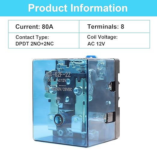 TWTADE/JQX-62F-2Z Coil Voltage AC 12V 80A DPDT Electronmagnetic Relay,High Power Relay (AC 12V)
