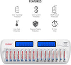 Tenergy TN438 16-Slot Smart Battery Charger for AA/AAA NiMH/NiCd LCD Display + 16 Premium Rechargeable AA Batteries