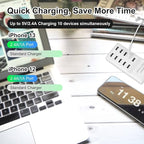 10-Port USB Charger Station, Smart Multiple Charging Block/USB Power Strip for Multiple Devices,Mobile Phones and iPads,Smart Watches Tablets (White)