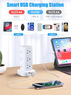 Tower Power Strips with Surge Protection, 6FT Flat Extension Cord with Multiple Outlets, 12 AC 4 USB Ports, Overload Protection Charging Station for Office Home Dorm Room Travel (White)