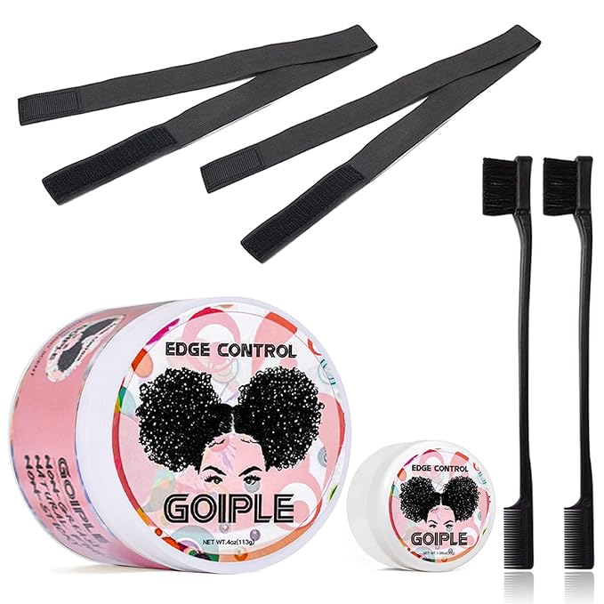 Goiple Edge Control Wax for Women Strong Hold Non-greasy Edge Smoother Strawberry Scent (4oz Edge Control + 0.7oz Travel Szie Edge Control Wax + Edge Brushes*2+Tie Band*2)