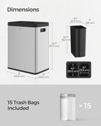 SONGMICS 2 x 6.6 Gallon Open Top Trash Can, Dual Compartment Garbage Can for Waste and Recycling, Stainless Steel, Trash Bin for Office, Restaurant, Commercial Use, Metallic Silver ULTB710E50