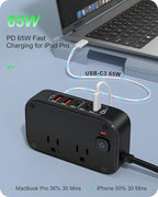 KWRNVO 7-in-1 Power Strip, PD GaN 65W USB C Power Strip with 3 USB-C, 2 USB-A Ports and 2500W AC Outlet, Flat Plug Essentials for Home/Office/College/Travel (Pearl Black, 65W)
