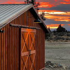 Steel Lighting Co. Large Outdoor Barn Light | Gooseneck Light Fixture | Made in America from 18-Gauge Steel | 20" Dome | Upward Sloping Gooseneck Navy Blue Exterior/Brass Interior