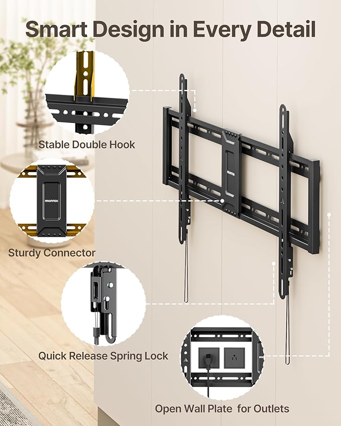 monTEK Heavy Duty Fixed TV Wall Mount for 43–95 Inch TVs, 1.1" Ultra Slim Low Profile Bracket, 200 lbs Capacity, Max VESA 800x400mm, Fits 16"/18"/24" Studs, Space-Saving for Large Flat & Curved TVs