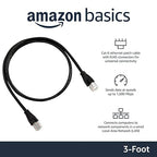 Amazon Basics RJ45 Cat 6 Ethernet Patch Cable, 1Gpbs Transfer Speed, Gold-Plated Connectors, 3 Foot for PC, TV, Tablet, Router, Printer, Black