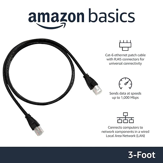 Amazon Basics RJ45 Cat 6 Ethernet Patch Cable, 1Gpbs Transfer Speed, Gold-Plated Connectors, 3 Foot for PC, TV, Tablet, Router, Printer, Black