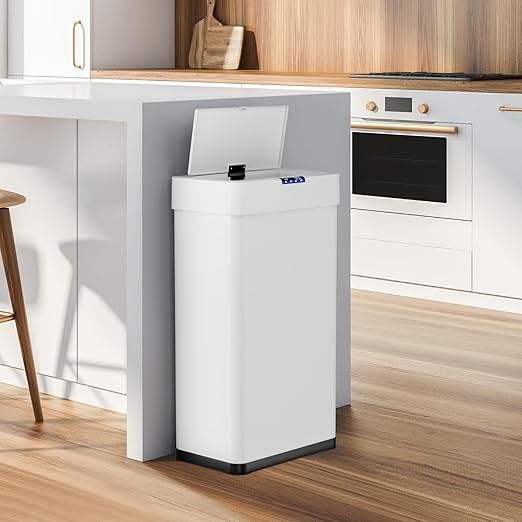 AthLike Sensor Trash Can, Touchless Motion Sensor Trash Bin, Smart Automatic Garbage Can with Soft-Close Lid, Bag Retainer Ring and Display Light,for Kitchen,Living Room Office (White, 16 Gal)