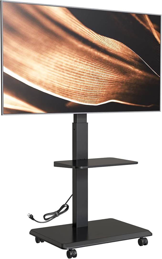 ECOTINY Steel Base Rolling TV Stand with Power Outlet for 32-75 inch TVs up to 110 lbs, Leveling & Tilt & Swivel Mobile TV Stand with Hidden Wire Management, Height Adjustable Portable Tv Stand, Black