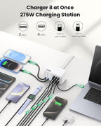 USB C Charger 275W Charging Station with Retractable Dual Cables,Upgraded 8-in-1 GaN IV Fast Charging Hub Block+PD QC PPS 65W Laptop Adapter for MacBook Pro/Air,iPad,iPhone 17/Pro,Galaxy S24,Dell