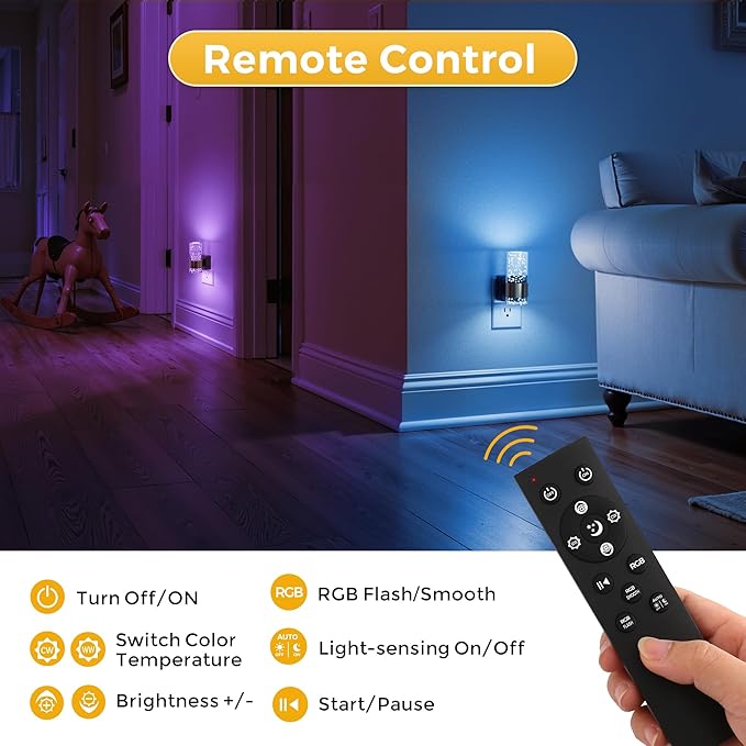 L LOHAS LED Night Light,[2-PACK] Dimmable Night Lights Plug into Wall with Remote Control, RGB Color Changing, Dusk to Dawn Sensor, Acrylic Bubble Nightlight for Bathroom