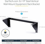 StarTech.com 3U 19" Wall Mount Vertical Rack Bracket, Wall Mount Patch Panel Bracket for Data/AV/IT/Computer Equipment, 3U Rack for Cabinet or Server Room, Supports 150lb (68kg) , TAA (RK319WALLV)