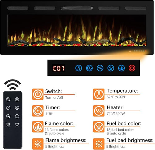 60" WiFi Electric Fireplace Inserts, Recessed and Wall Mounted Fireplace Heater W/Adjustable Flame Color & Brightness, Thermostat, 9H Timer, App and Remote Control, Low Noise, 750/1500W