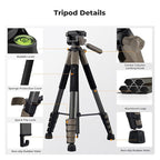 K&F CONCEPT Camera Tripod, 75" Lightweight Portable Travel Outdoor DSLR Tripods for Camera Phone Video Recording Tripod Stand, Cellphone Clip for Smartphone Live Streaming Vlog (Grey, 75'')
