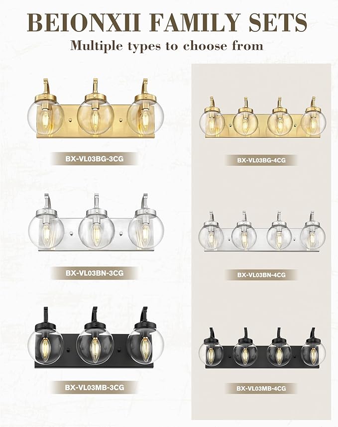 Beionxii Brushed Nickel Bathroom Light Fixtures, 3-Light Bathroom Vanity Light Over Mirror, Modern Vanity Lighting Fixtures with Clear Glass Shade for LivingRoom Hallway, BX-VL03BN-3CG