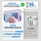 40" Premium Aluminium Foldable Clothes Drying Rack Included Shelf with 6 Rods & 6 Extra Clips - Large Laundry Rack | 65 LBs Capacity Space-Saving Collapsible Design for Indoor Outdoor Use