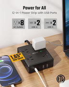 10Ft Extension Cord with Multiple Outlets, Flat Plug Power Strip Surge Protector with 10 Ft Long Cord, 8 Outlet 4 USB Ports (2 USB C), Multi Outlet Wall Plug for Office, College, Dorm Room Essentials