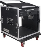 Sound Town High-Quality 1/2” (12mm) Plywood 10U PA DJ Pro Audio Rack/Road ATA Case with 11U Slant Mixer Top, Locking Drawer, 20’’ Rackable Depth and Casters (STMR-10D2)