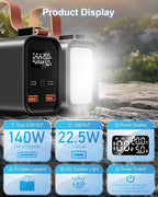140W Laptop Portable Charger Power Bank 50000mAh(185Wh), Power Station PD 3.1 QC4.0 Fast Charging External Battery Pack Aluminium alloy with 4 Outputs USB-C LED Light for Outdoor Emergency-Gray