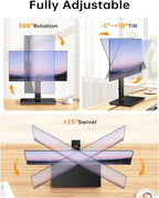 Single Monitor Stand, FreeStanding Desk Stand for 13-32 inch Screens, VESA Mount Monitor Riser with Swivel, Tilt, Rotation, 4 Height Options, Tempered Glass Base, Max Load 77lbs VESA 75x75mm-100x100mm