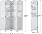 Svimi Room Divider with Shelves, 68.9inch Wood Carved and Louvered Wall Divider Freestanding, 4 Panels Folding Partition Screen for Bedroom Home Office (White)