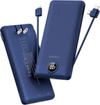 VEGER Portable Charger with Built-in AC Plug and Cables, All in One 10000mAh Ultra Slim Power Bank Travel Essentials, 15W Fast Charging Battery Pack Compatible with iPhone, Samsung, Android (Navy)