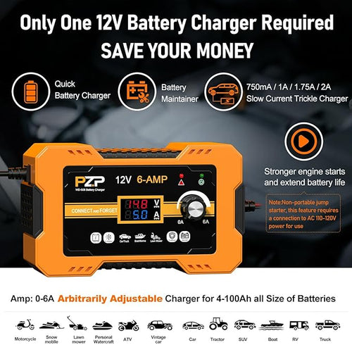 12V Automatic Car Battery Charger, 0-6A Arbitrarily Adjustable Smart Trickle Charger, Auto Desulfator with Battery Repair, Battery Maintainer with Winter Mode for AGM, Gel, Deep Cycle, Lead-Acid