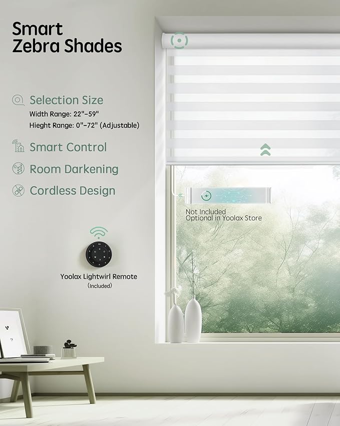 Yoolax Motorized Blinds with Remote, Electric Zebra Blinds for Indoor Windows, Room Darkening Smart Shades with Voice Control, Compatible with Alexa Google Home, APP Control, 55" W x 72" H, White