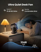 Gaiatop Desk Fan with Touch Control, 4000mAh Battery, 5 Speeds Ultra Quiet Bedroom Fan with LED Display, 90° Tilt, 7.7 In USB-C Rechargeable Desktop Fan for Dorm Office Room Home Office, Black Purple