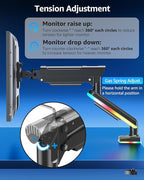 MOUNTUP RGB Single Monitor Arm Fits 32 27 24 22 inch, Holds 4.4-22lbs Screens, Monitor Stand for Desk with RGB Lights, 19 Modes, Computer Monitors Desk Mount, VESA Mount with Clamp & Grommet Bases