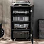 Grufle Media Storage Cabinet, Audio Video Media Stand Cabine with 3 Height-Adjustable Shelves, AV Cabinet Audio Rack with Glass Door and Cable Management for Living, Gaming, Recording Room (Black)