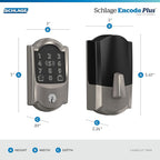Schlage BE499WB CAM 619 Encode Plus WiFi Deadbolt Smart Lock, Keyless Entry Touchscreen Door Lock with Camelot Trim, Satin Nickel