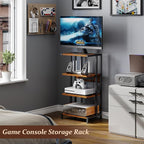 X-cosrack 16.5" Small 4-Tier AV Media Stand with Power Strips,Narrow Version Wooden Corner Shelf Stereo Cabinet Audio Rack Stand Tower for Small DVD Players Game Console TV Box Cable Box WiFi Router