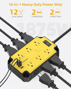 Heavy Duty Power Strip15 Amps/1200 Joules, 12 Outlets with 4 USB Ports (2 USB-C), Industrial Magnetic Surge Protector, 6.5 FT Extension Cord for Industrial Shop Garage (Yellow)