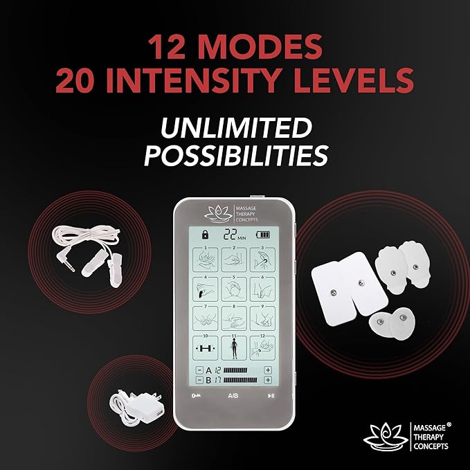 Massage Therapy Concepts Deluxe TENS Unit Muscle Stimulator & Accessories - Non-Invasive EMS Machine for Neck & Back Pain Relief, Sciatica - Electrotherapy with 12 Modes & 20 Intensity Levels