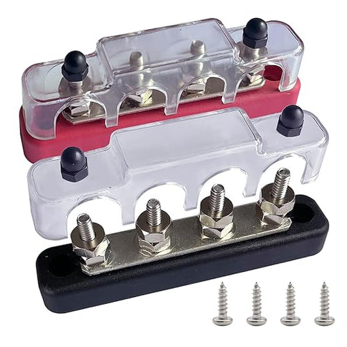 4 x #10 (M5) Studs Bus Bar, Ampper 4.2" Power/Ground Distribution Block Brass Battery BusBar Junction with Cover for Auto Boat Amplifier and More (Red & Black)