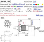ZGSZJHF 8mm Indicator Light 0.31" Waterproof IP67 Metal Stainless Steel Signal Lamp 110V-120V AC/DC LED Pilot Dash Lamp Light Ring Large Red and Green 2Pcs